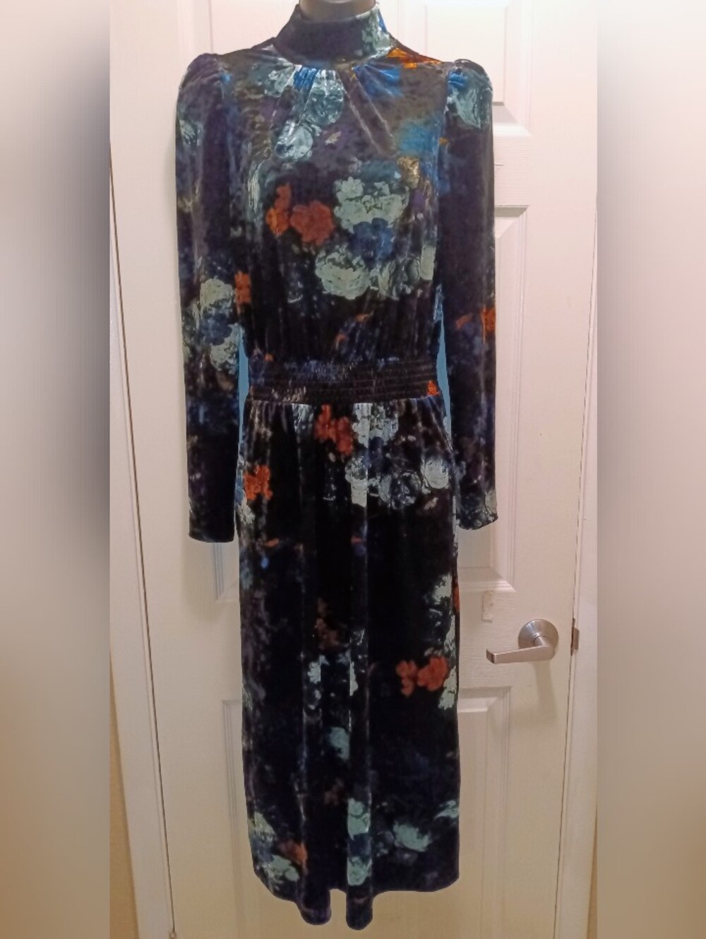 Women's Ryegrass Long Sleeve Velvet Floral Midi Dress - Teal Blue Multi